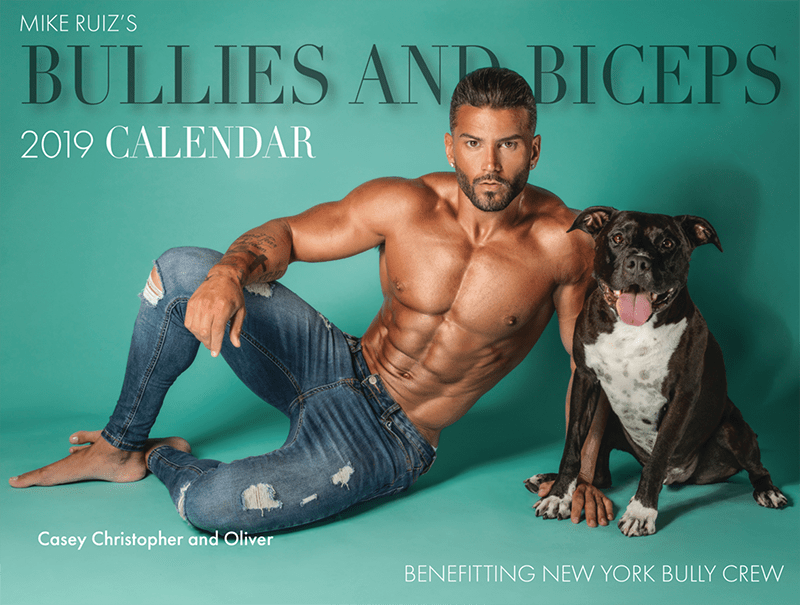 Photographer Mike Ruiz photographed his beloved pit bull, Oliver, and model Casey Christopher, for the cover of the 2019 Bullies and Biceps calendar