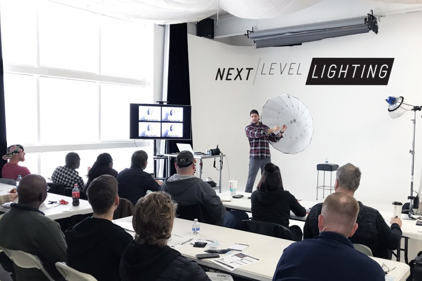 Jeff Carpenter of Readylight Media shows a Paul C. Buff, Inc. PLM umbrella to the attendees of his Next Level Lighting Workshop in Franklin, TN.